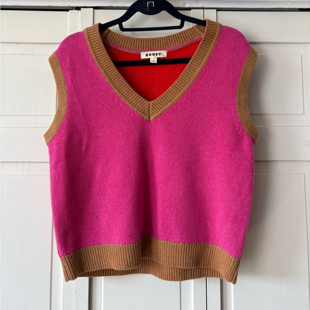 Boden Hot Pink & Tan V-Neck 100% wool Sweater Vest